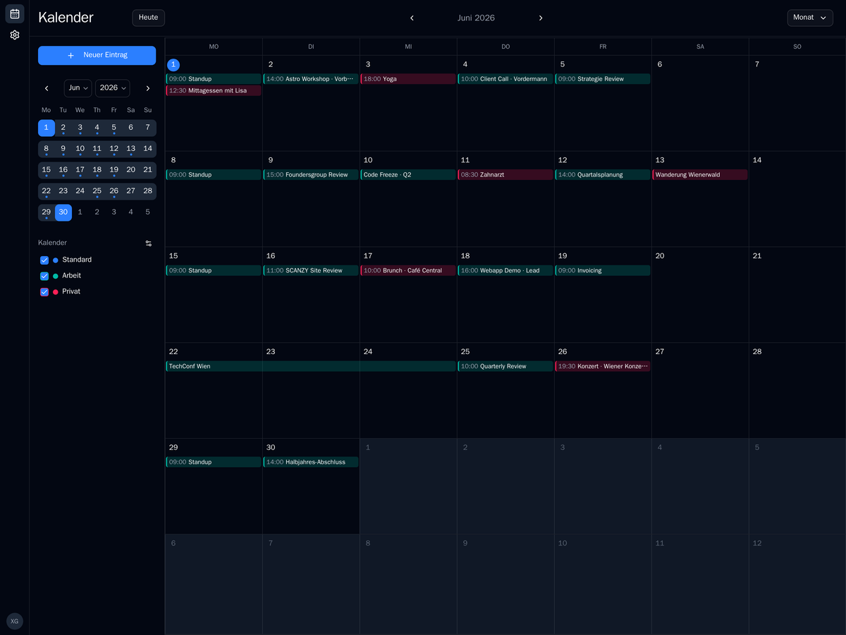 b-cal Kalender-App — Monatsansicht in dunklem Theme mit farbcodierten Einträgen für die Kalender „Arbeit" und „Privat" und Datums-Sidebar links.