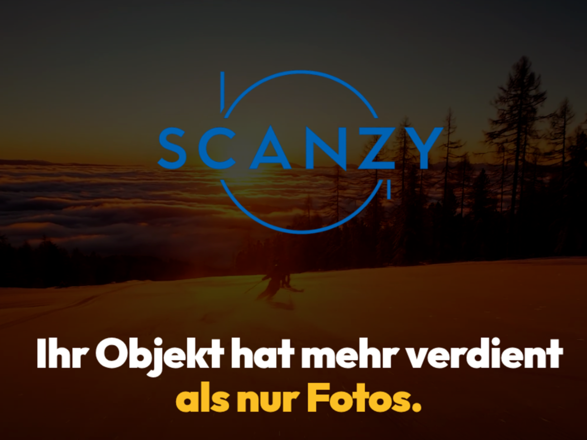 scanzy.at Startseite — Wortmarke SCANZY über einer dunklen Berglandschaft mit der Headline „Ihr Objekt hat mehr verdient als nur Fotos.“